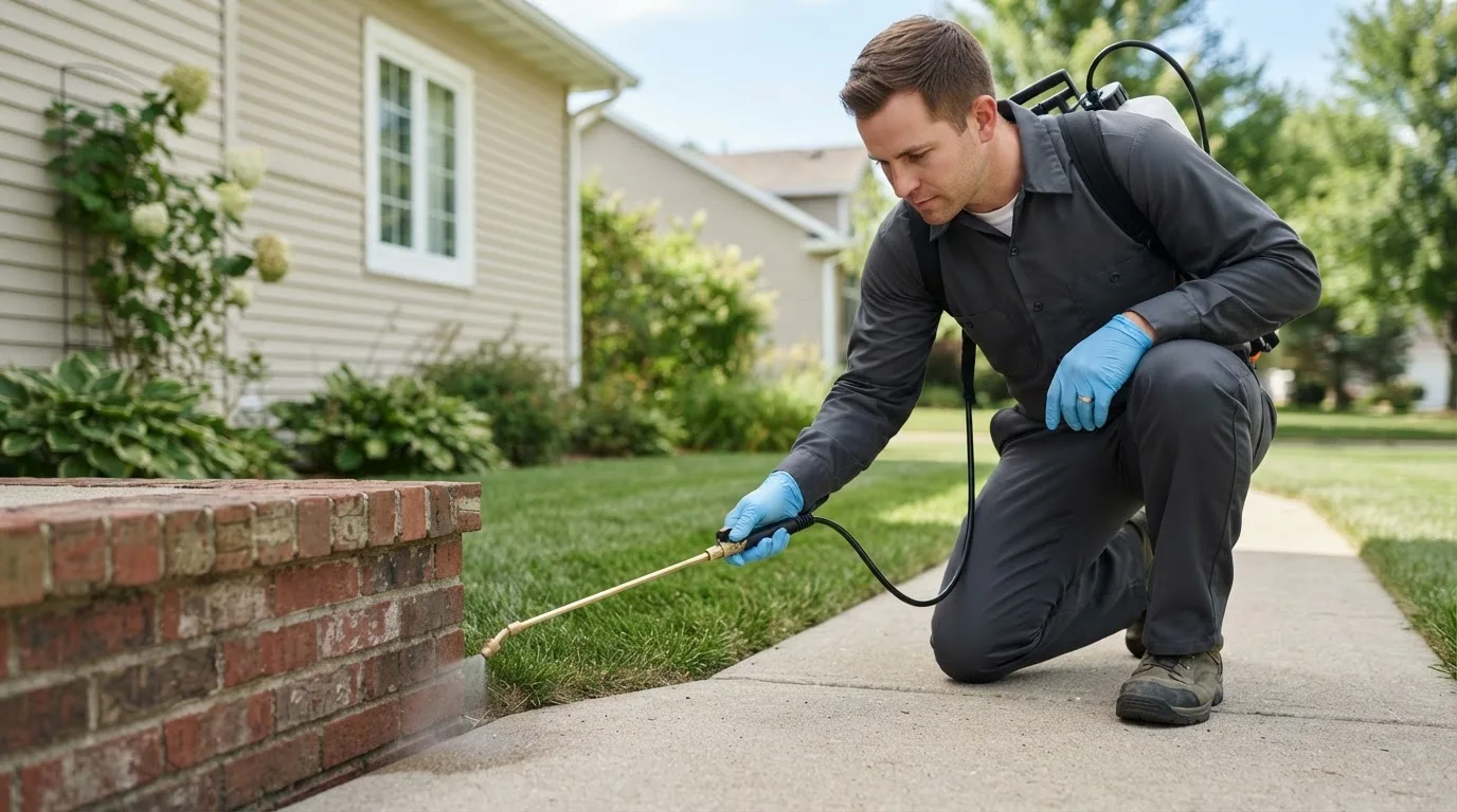 Pest control technician treating a home near Mason City, IL