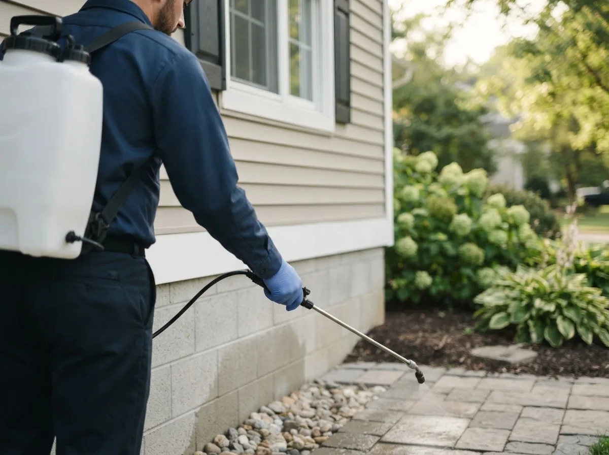 Pest control technician inspecting a home in Mason City, IL